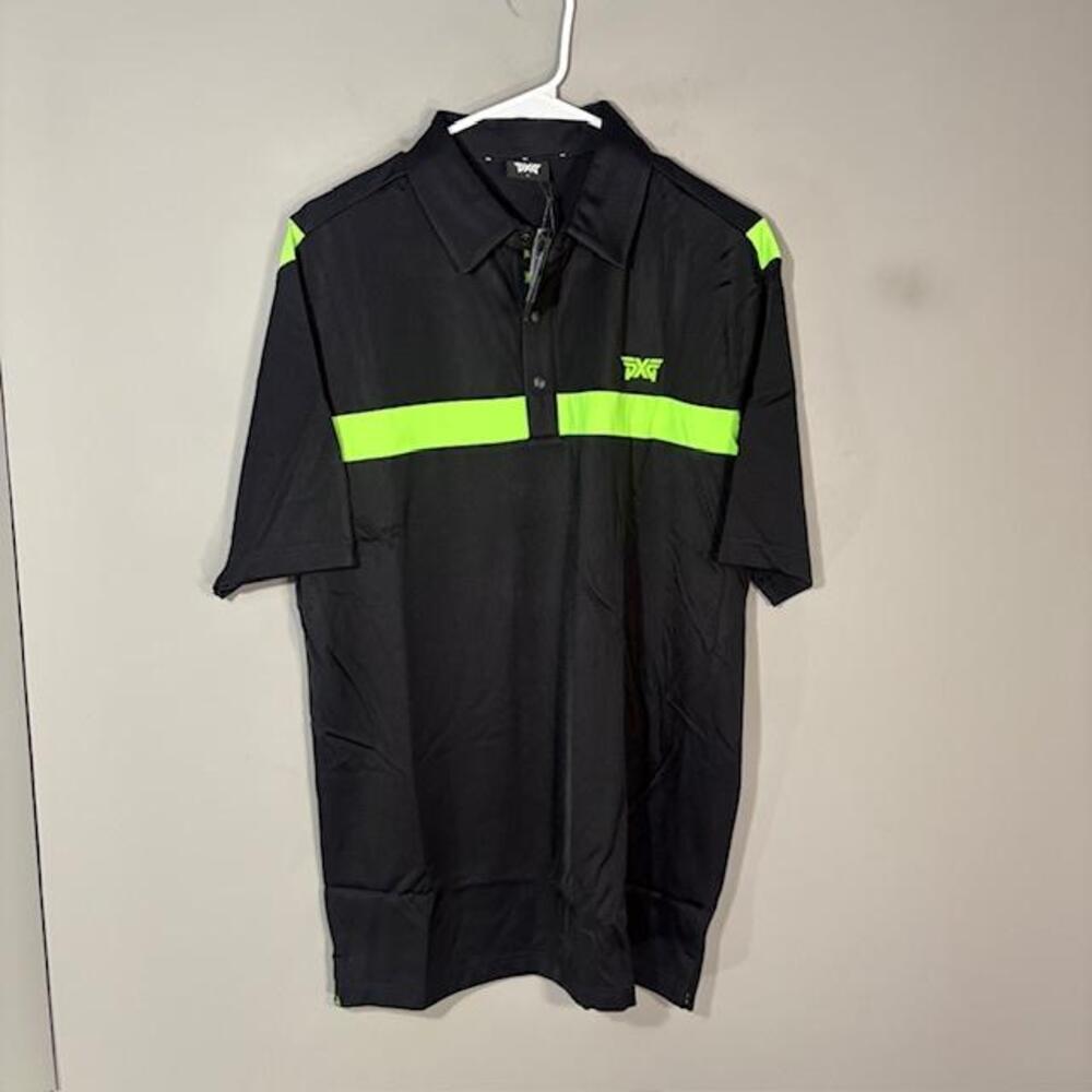 PXG Comfort Fit Turbo Polo Shirt Mens Medium Black Neon Stripe Golf Stretch Top